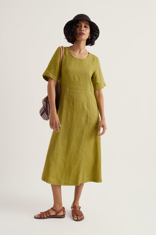 Robe midi en lin motif vagues herbeuses