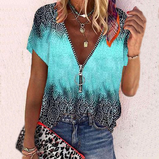 Blusa boho con stampa tribale, zip e scollo a V a blocchi di colore