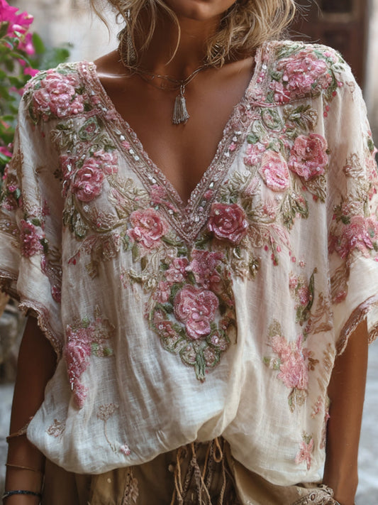 Camicia Bohemien Rosa con Ricamo Floreale, Scollo a V, Maniche Corte e Paillettes