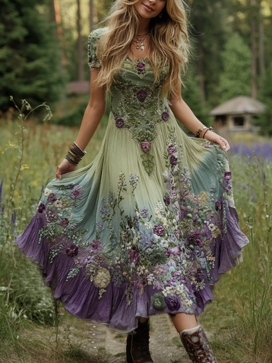 Vestito lungo elegante in lino con sfumature viola lavanda e ricamo floreale