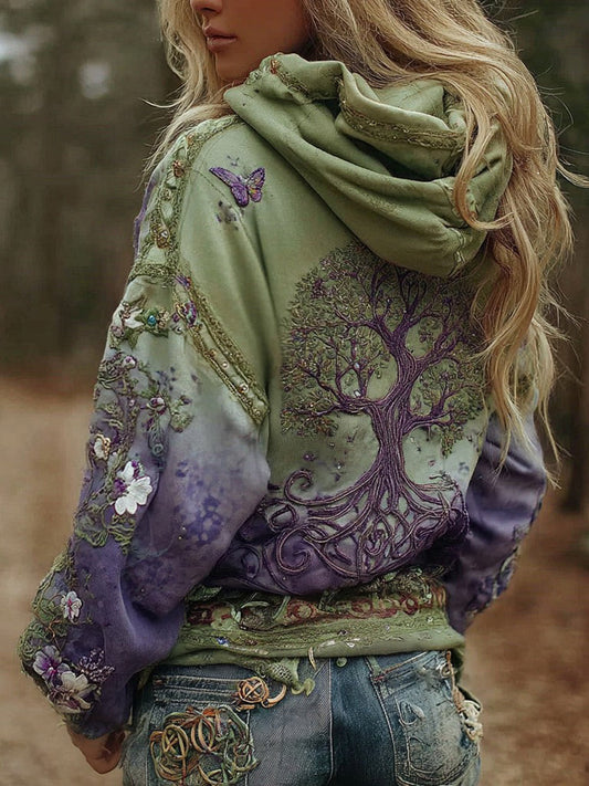 Felpa comoda da donna vintage con motivo albero della vita vichingo e sfumature