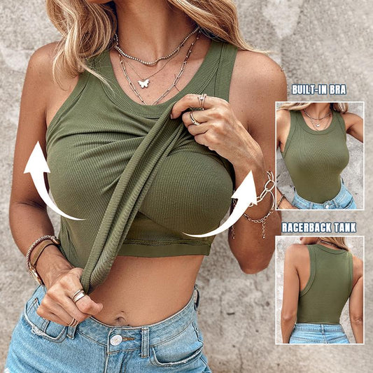 🔥Canotta a coste con reggiseno integrato e scollo rotondo, comoda e casual