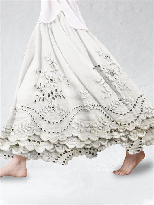 Gonna Flowy in Lino Misto con Ricamo Floreale Cottage e Orlo in Pizzo