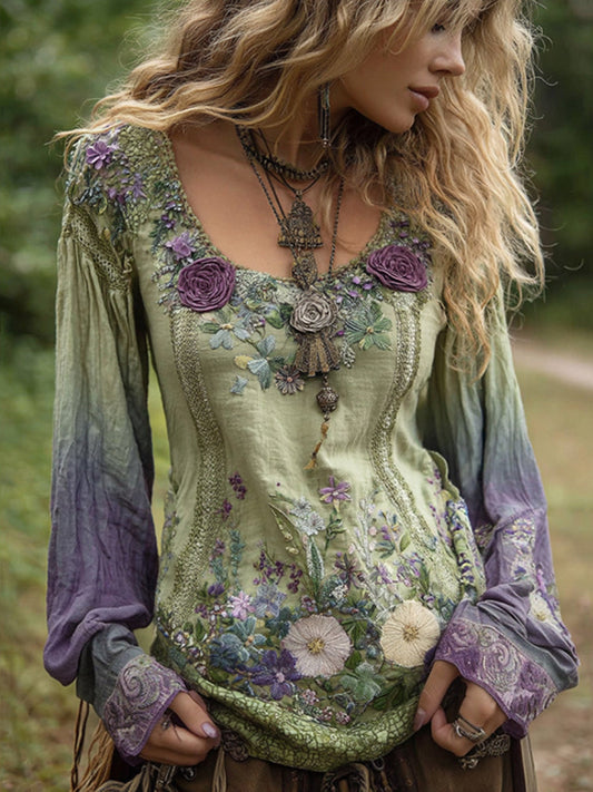 Camicia elegante in lino a maniche lunghe con sfumature viola lavanda e ricamo floreale