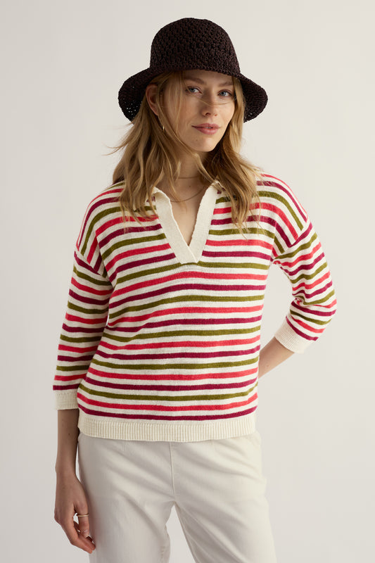Pull léger Gwynver à col en V en lin et coton biologique