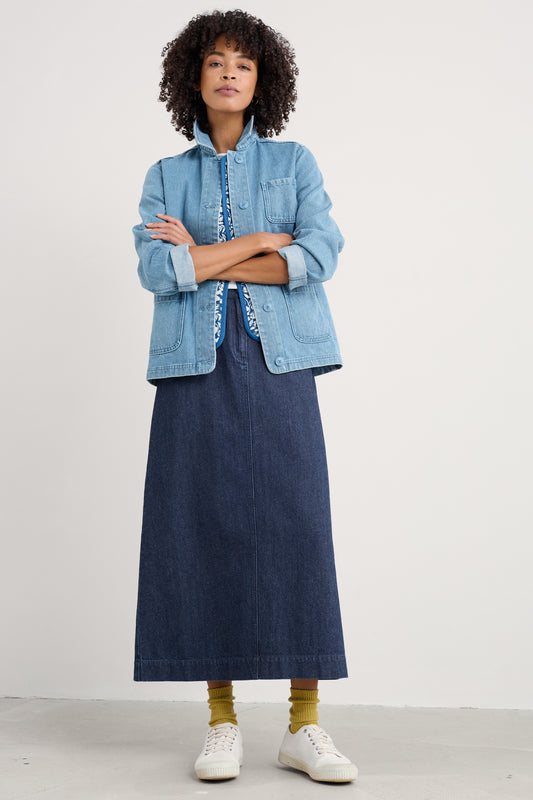 Jupe midi en jean à imprimé fruits