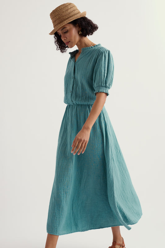 Robe mi-longue Shore Path à demi-manches en coton biologique GOTS