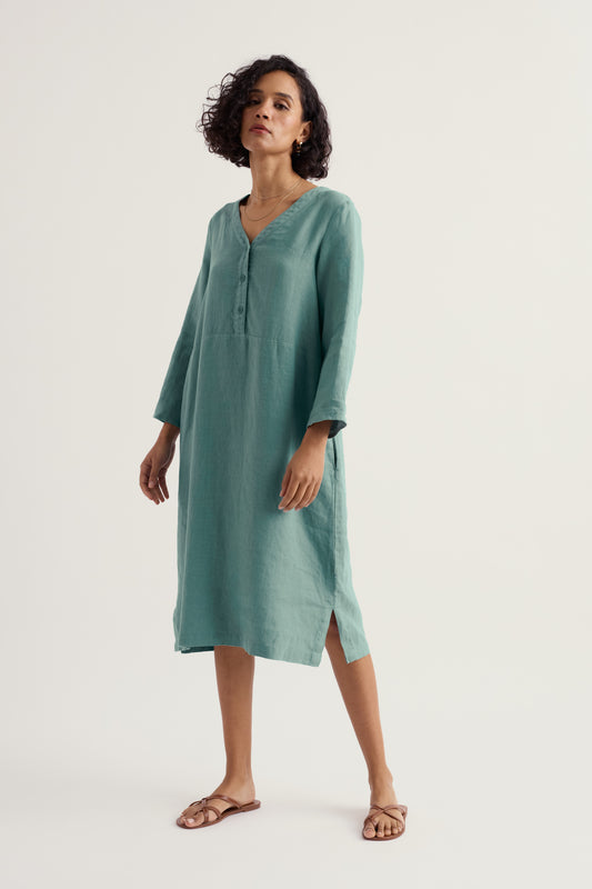 Robe droite en lin à col en V Dew Drop