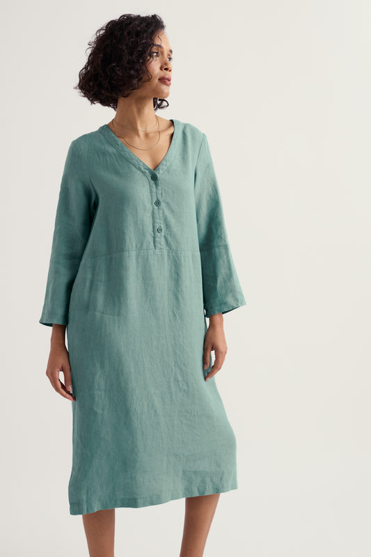 Robe droite en lin à col en V Dew Drop