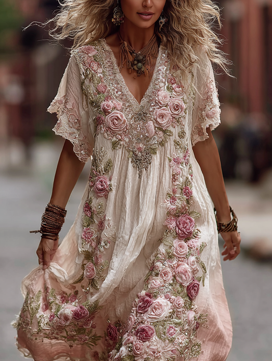 Abito lungo comodo da donna in lino con ricamo vintage di rose e motivo sfumato rosa